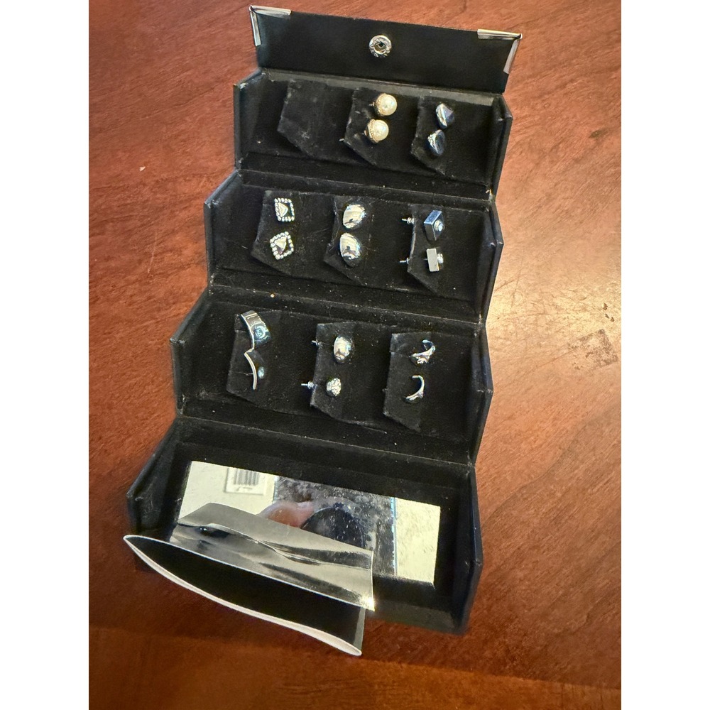 Andre Piasso 9 Pair Earring Set with Tiered Black Travel Case and Mirror